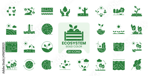 Ecosystem environment web solid icon set with nature, ecology, sustainability, climate, green energy, agriculture and biodiversity symbol