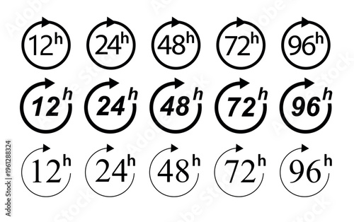 Hour icon 12, 24, 48 and 72 hours clock arrow. Fast service Work time effect or delivery service time icons 24 hours sign. Vector illustration