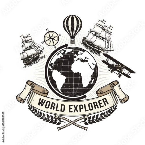 World Explorer emblem with globe, ships, and balloon banner logo symbolizing travel and discovery.