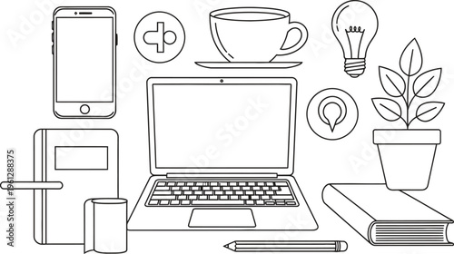 A modern workspace with laptop phone and office supplies