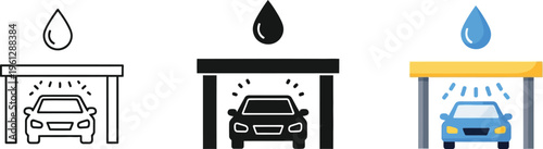 Car wash service icons display various stages of vehicle cleaning from water drop to.