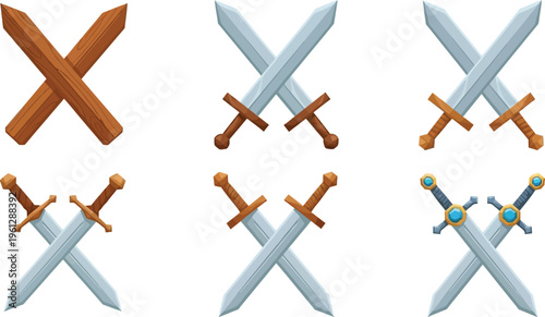 Collection of stylized crossed swords shows various weapon designs for historical combat.