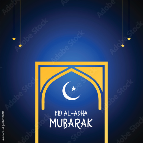 Eid al Adha Mubarak creative social media post featuring golden rectangular frame with mosque dome and blue background