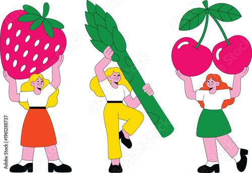 Illustration of people holding giant healthy foods: strawberry, asparagus, cherries