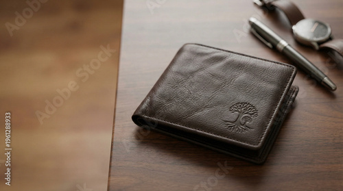 Brown leather wallet with Dad engraving on wooden table for Father's Day  