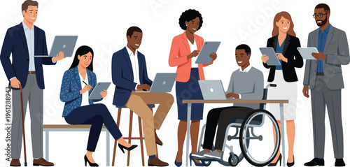 Diverse professional team of inclusive business people working with laptops and tablets in a collaborative modern office environment