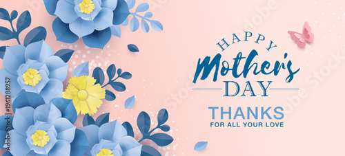 Happy Mother's Day thank you banner with blue flowers, leaves, butterfly and elegant typography on a pastel background. Floral greeting card design in flat decorative illustration style.