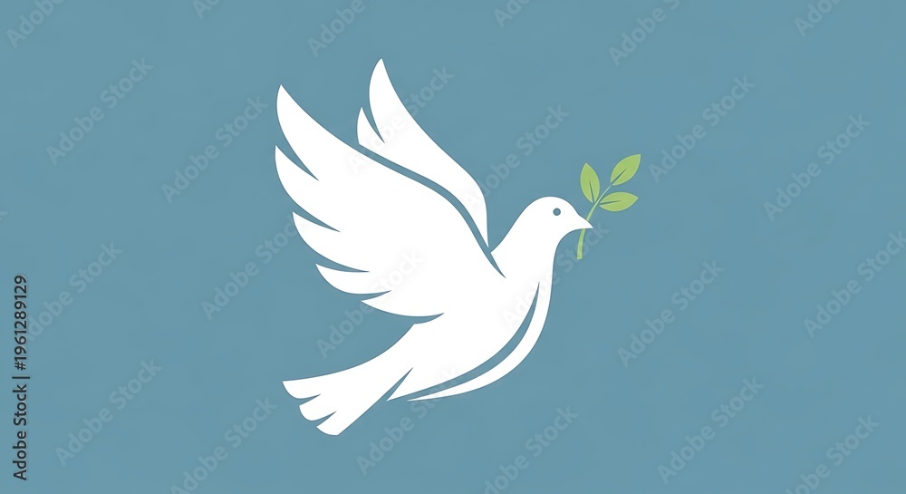 Obraz premium white dove flying with olive branch in beak on blue background