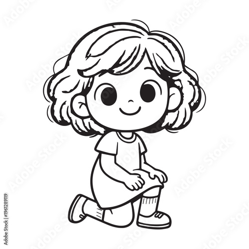 Minimalist black and white vector illustration of curly haired young girl kneeling