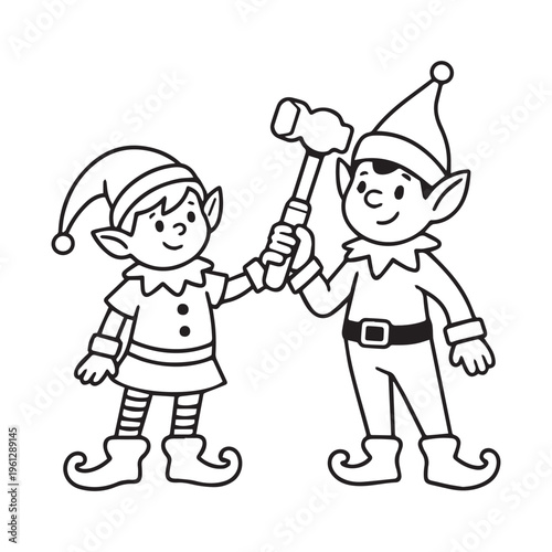 Minimalist black and white vector illustration of two Christmas elves holding hammer