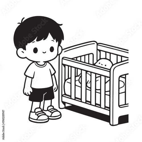 Minimalist black and white vector illustration of older brother watching baby sibling