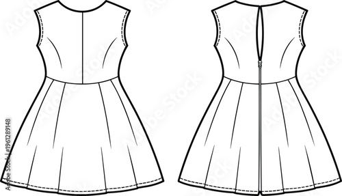 Technical Fashion Flat Drawing of a Baby or Toddler Dress with a High Yoke, Loose Fit, and Scalloped Flutter Sleeves for Childrenswear or Casual Wear Design Vector.