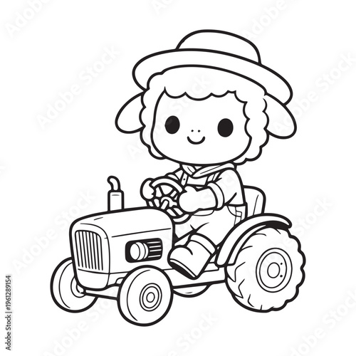 Minimalist black and white vector of cute sheep farmer driving a tractor