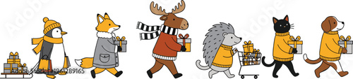 Cute Animal Christmas Parade Illustration with Penguin Fox Moose Hedgehog Cat and Dog Carrying Gifts on White Background