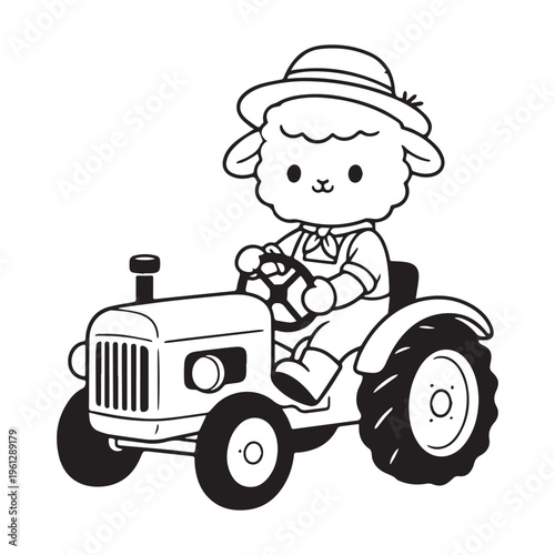 Minimalist black and white vector of cute sheep farmer driving a tractor