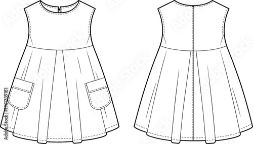 Technical Fashion Flat Drawing of a Baby or Toddler Girl's Dress with a High Yoke, Pleated Skirt, Patch Pockets, and a Back Zipper for Childrenswear Design Vector Template.