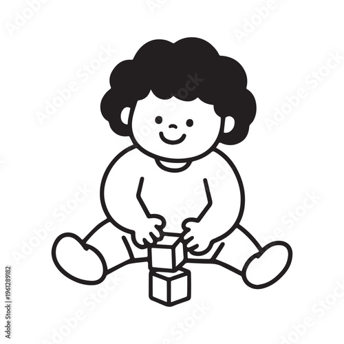 Minimalist black and white vector of curly haired baby playing with blocks