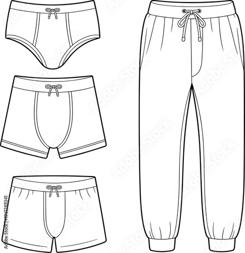 Technical Fashion Flat Drawing of a Loungewear Pajama Set Including Men's Briefs, Boxer Shorts, and Jogger Pants with a Drawstring Waistband for Apparel Design Vector.