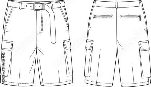 Technical Fashion Flat Drawing of Men's Swim Board Shorts with a Fixed Waistband, Lace-Up Front Closure, and Slanted Side Pockets for Beachwear Design Vector Template.
