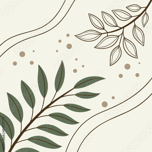 A branch with green leaves and a branch with line art leaves