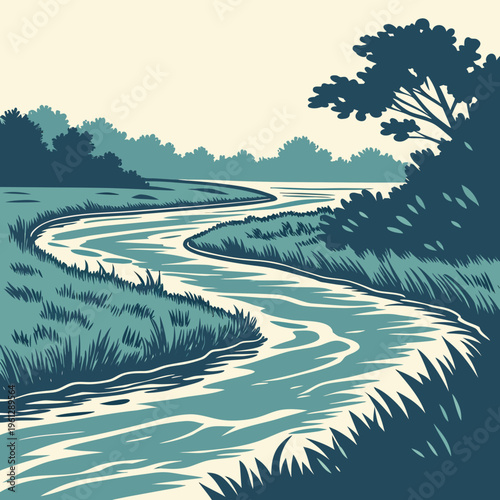 A winding river with trees and grass