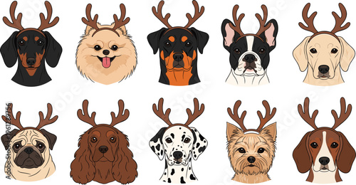 Cute Dog Faces Collection with Antlers, Cartoon Pet Portrait Set for Christmas Holiday Design Isolated on White Background