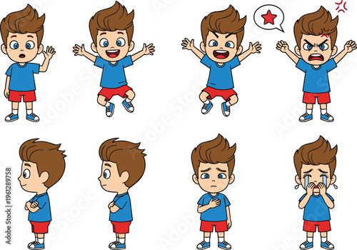 Cute Boy Character Emotions Set with Different Facial Expressions and Poses, Cartoon Kid Feelings Collection Isolated on White Background