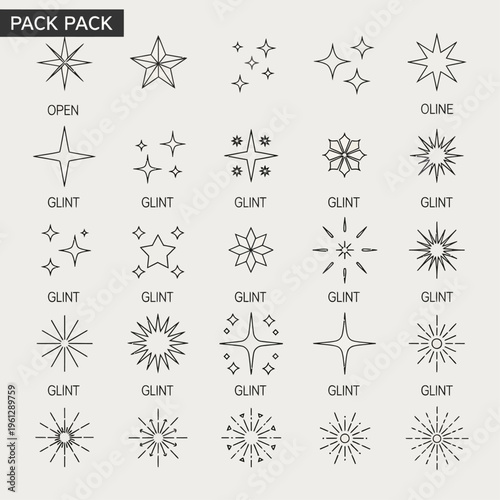 A series of geometric vector starbursts and twinkle icons designed for adding celestial flair to digital and print designs.