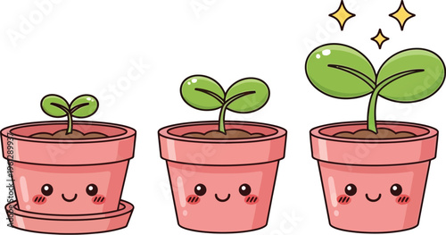 Three kawaii smiling plant seedlings demonstrate stages of successful growth inside cute.
