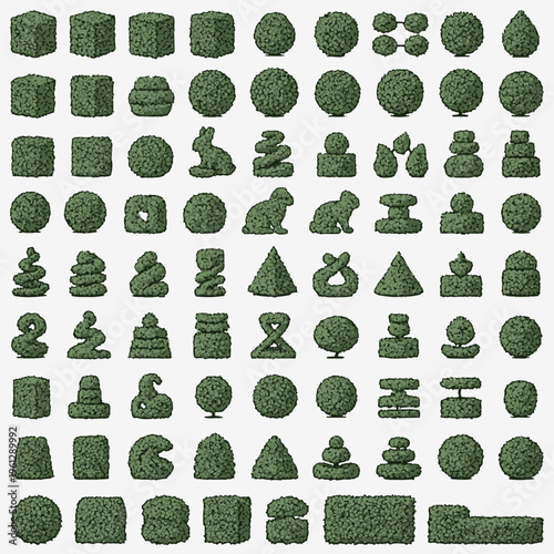 A dense vector texture sheet containing repeated patterns of green foliage, hedges, and various botanical surface treatments.