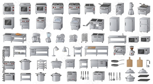 Commercial Kitchen Equipment, Restaurant Appliances, Stainless Steel, Catering Tools, Cooking Equipment Vector Set for Modern Food Service and Industrial Culinary Workspace Design