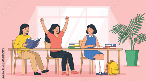 Happy diverse female students studying together in classroom, celebrating success with books, education and teamwork concept flat vector illustration