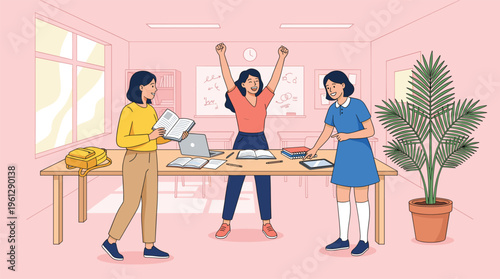 Group of happy diverse female students celebrating success, studying together with books and laptop on desk in classroom