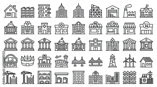 Set of 50 Outline Building and City Structure Icons Vector