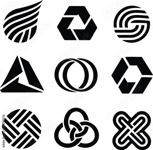 A creative collection of abstract geometric logos featuring modern shapes, circular patterns, and interconnected designs. These versatile logos are ideal for corporate branding, tech companies, startu