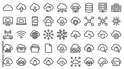 Set of 49 Cloud Computing Technology Line Icons Vector