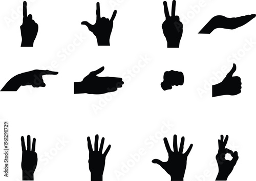 Set of hand gesture silhouettes including pointing, thumbs up, clapping and ok sign, black vector icon collection isolated on transparent background.