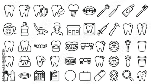 Set of 50 Outline Dental and Oral Health Icons Vector