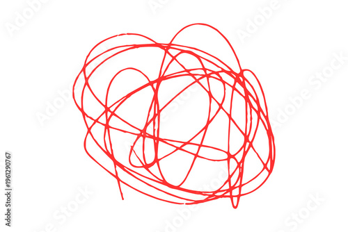 A red scribble drawing with many curved lines
