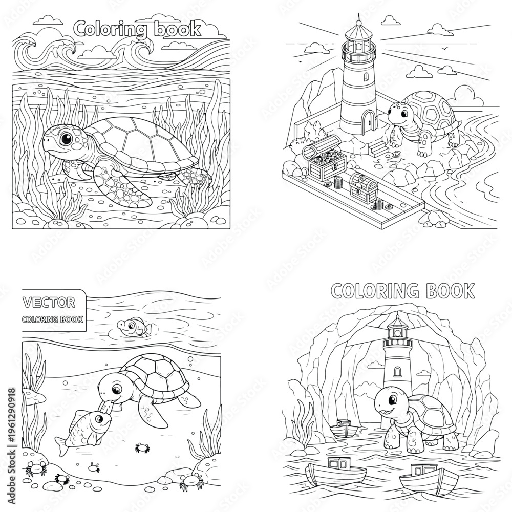 Fototapeta premium Turtle swimming near a lighthouse on a beach, outline drawing for coloring, coloring book