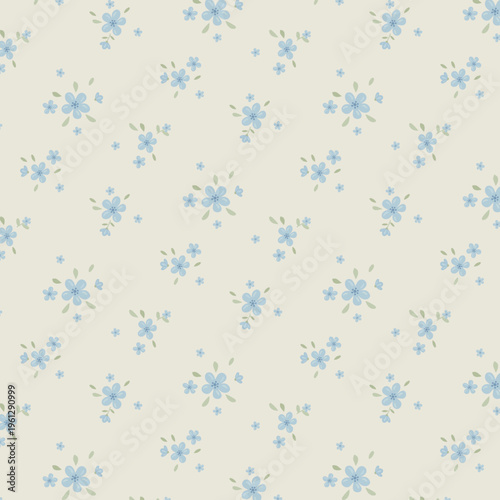 Fotografie Soft ditsy seamless pattern with scattered blue flowers and green leaves on warm cream background