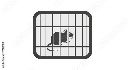 Caged mouse trapped behind black metal bars in a square enclosure on white background