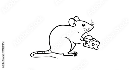 A cute mouse holding and eating a piece of cheese in a simple black line art style on white background