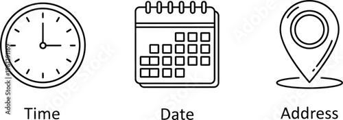 Time Date Address Location Icons Set Minimalist Line Art Vector Illustration