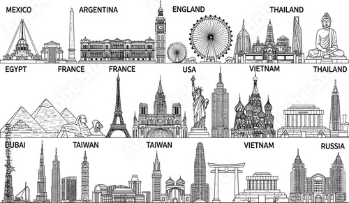 Black and white of famous landmarks from around the including the Eiffel Tower and Statue of Liberty