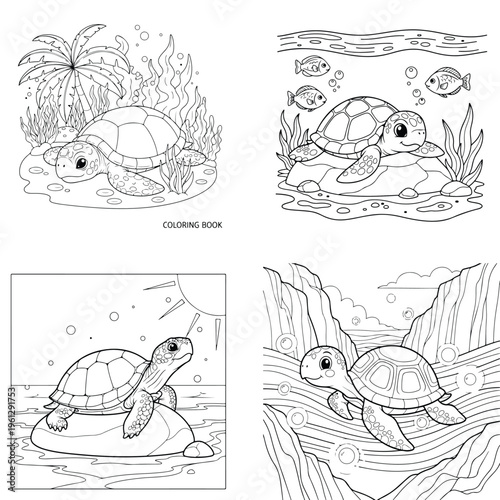 Turtle on rock and underwater scene with fish, line drawing art, black and white