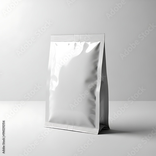 Empty shiny silver resealable foil pouch bag standing upright on a flat surface ready for packaging use