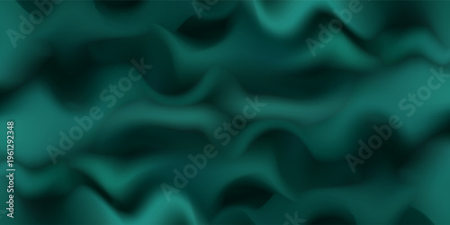 Green drapery silk fabric luxury background. Wavy abstract satin cloth vector texture pattern. Smooth shiny drape material curtain. Elegant velvet curve motion image realistic horizontal design.