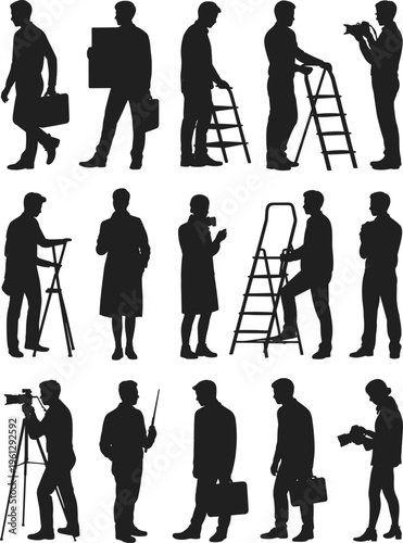 Silhouettes of photographers, media crew, creative professionals with cameras, tripods, ladders, briefcases, teamwork discussion, film production scene, studio work