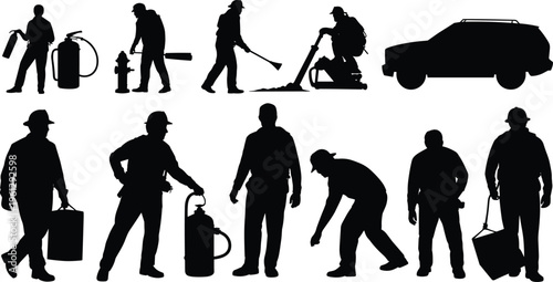 Silhouettes of pest control workers, fumigation specialists using equipment, fire extinguisher, pest removal, safety gear, professional exterminators, outdoor work, spraying, pest management